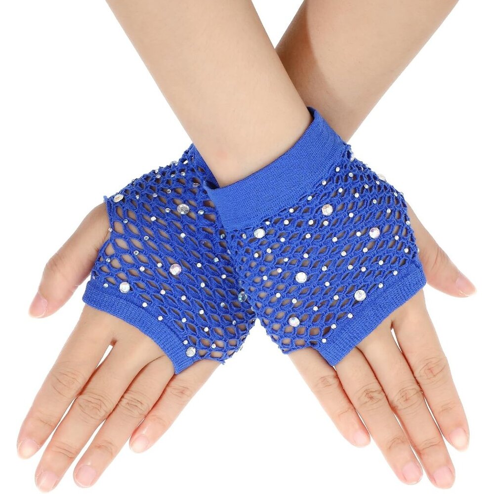 Women's Dark Blue Rhinestone Fishnet Short Mesh Gloves Halloween Party Costumes